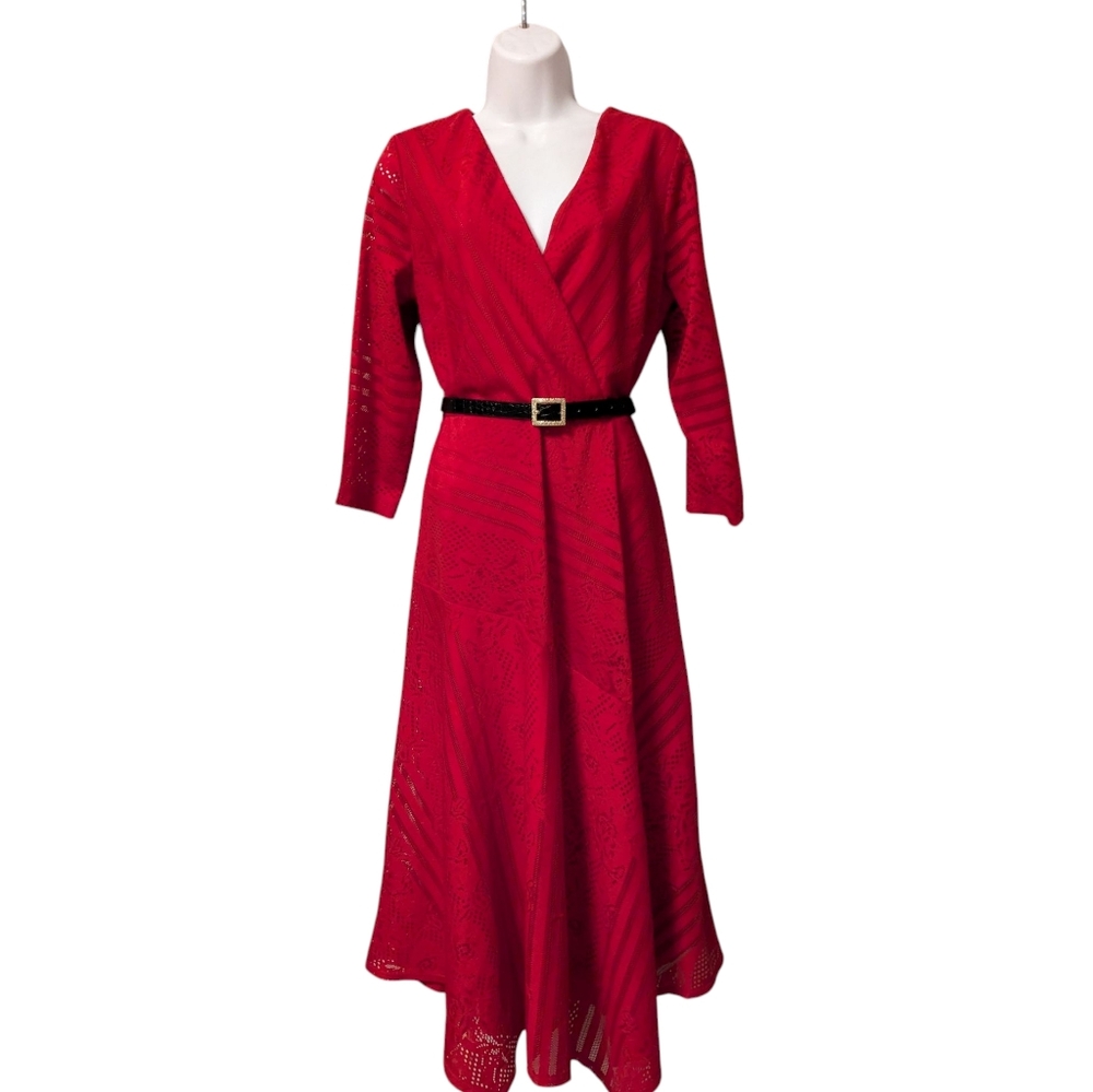 Danny & Nicole Ruby Red 3/4 Sleeve Dress Striped Floral Lace Midi Sz. 10